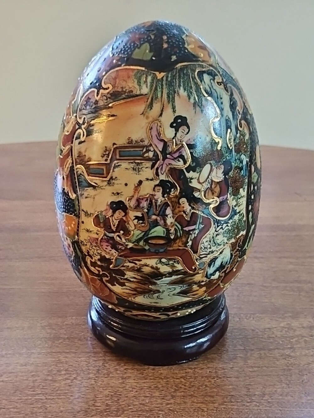 VTG Japanese Satsuma Style 7.5" Decorative Egg on Wooden Base